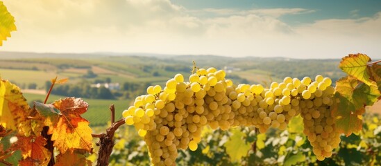 Poster - A close up of fresh white grapes growing on a grapevine in autumn set against a panoramic background This copy space image captures the essence of a grape harvest in Moravia creating an agricultural