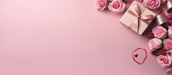 Wall Mural - A top down photo with a pink background features gift boxes roses and a heart creating a Valentine s Day decorations concept with room for additional images