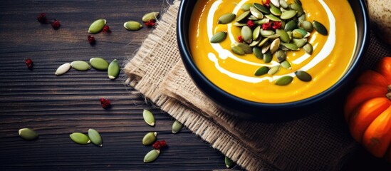 Aufkleber - A healthy vegetable cream soup with pumpkin puree chicken meat pumpkin seeds and green onions Perfect for a balanced diet Copy space image