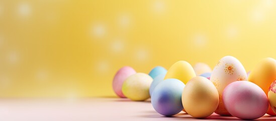 Aufkleber - A joyful Easter themed background with colorful painted eggs on a modern yellow pastel backdrop This festive image includes space for text and captures the concept of happy Easter holidays and egg hu