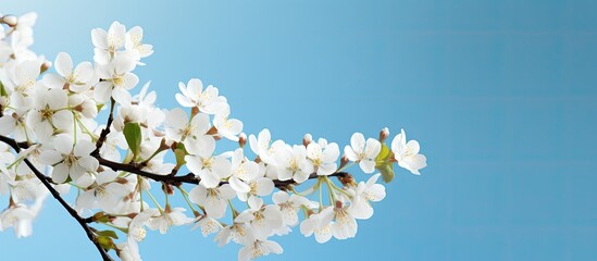 Fototapete - Spring beauty background with blooming white flowers of trees against a backdrop of the blue sky creating a vibrant scene with copy space image