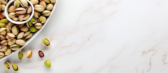 Aufkleber - A healthy snack pistachio nuts displayed in a bowl on a white marble table The top view captures a close up of the enticing arrangement with plenty of copy space for additional elements in the image