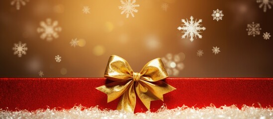 Poster - A festive card for Christmas or New Year featuring a silver snowflake adorned with a red bow on a captivating gold backdrop perfect for sending warm wishes copy space image