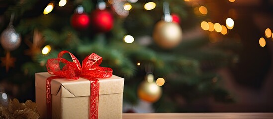 Poster - A New Years gift in craft packaging sits on the branches of a green Christmas tree adorned with a white red twine and a wish card The vibrant garland with toys creates a festive background Copy space