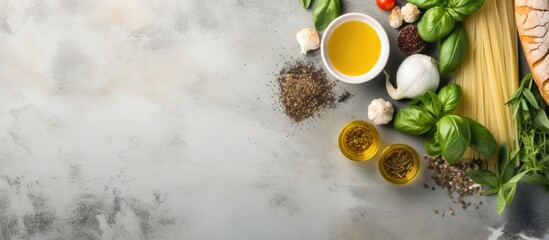 Aufkleber - Copy space image of ingredients for pesto spaghetti and chiabatta bread on a gray concrete background creating an Italian food background The view from above enhances the Italian cuisine concept