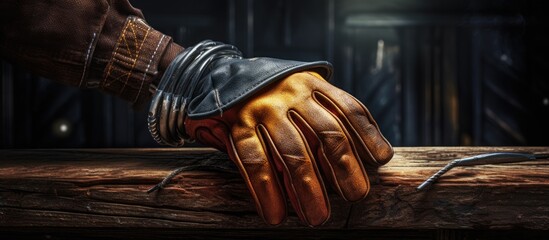 Aufkleber - Construction concept with a copy space image featuring a wooden background adorned with a composition of leather protective gloves a claw hammer and steel long nails