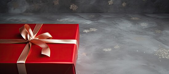 Poster - A red gift box sits on a gray cloth ideal for occasions like Christmas New Year Valentine s Day or anniversaries with space for creative designs in your project. Creative banner. Copyspace image