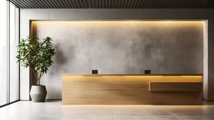 Wall Mural - Modern reception desk in a minimalist office with wooden counter, large potted plant, and illuminated wall decor.