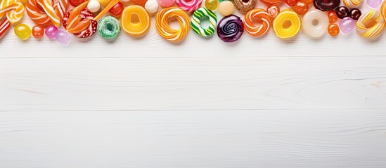 Poster - A circular border consisting of colorful caramel candies is displayed against a backdrop of white wood leaving room for additional content in the image