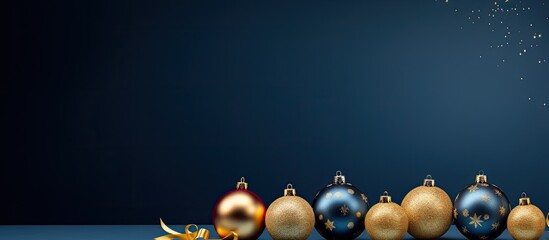 Poster - A festive composition for New Year and Christmas with red and golden balls complemented by a decorative ribbon presented against a blue paper backdrop with copy space image