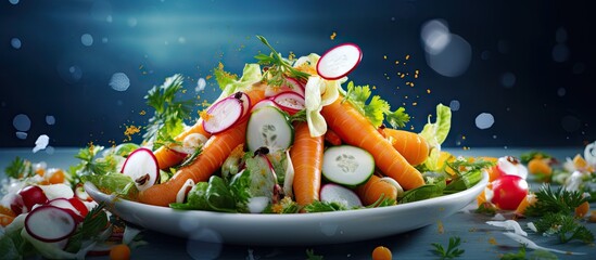 A refreshing salad with radish and carrot garnished with a vibrant mix of crunchy vegetables all beautifully displayed in a copy space image