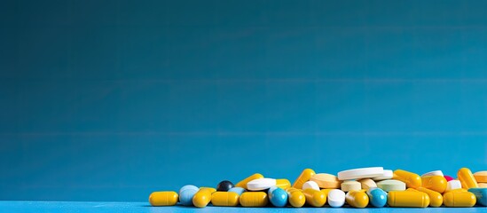 Wall Mural - Colorful medicine pills or capsules in green and yellow hues are placed on a vibrant blue background providing ample copy space These pharmaceuticals are prescribed for treatment purposes and are con