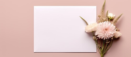 Poster - A top down view of a holiday greeting card mockup featuring flowers on a light pink background with a white wedding invitation card mockup and floral decorations The image is arranged as a flat lay