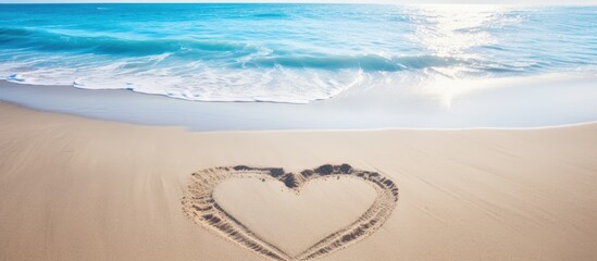 Poster - A heart shaped drawing etched on a sandy beach with a serene ocean in the background and a top down perspective offering ample space for accompanying text