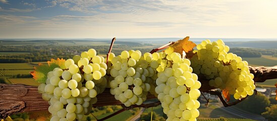 Poster - A close up of fresh white grapes growing on a grapevine in autumn set against a panoramic background This copy space image captures the essence of a grape harvest in Moravia creating an agricultural