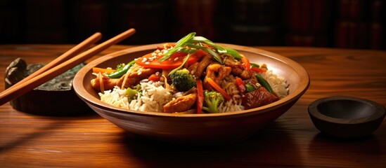 Wall Mural - A copy space image of a delicious Chinese stir fry dish made with rice vegetables meat and a flavorful nutty spicy sauce served on a bamboo mat