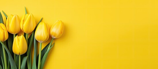 Fototapete - A vibrant spring concept featuring fresh beautiful yellow tulips against a colorful yellow backdrop This horizontal top view image includes copy space and is enhanced with toning