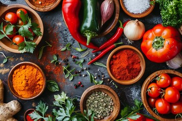 Poster - An overhead shot of fresh vegetables and spices arranged on a kitchen table. Generative AI
