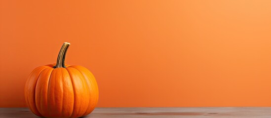 Aufkleber - A minimal flat lay view of a Halloween background decoration showcasing a jack O pumpkin face on an orange table creating a festive holiday concept The scene is perfect for copy space images 158 char