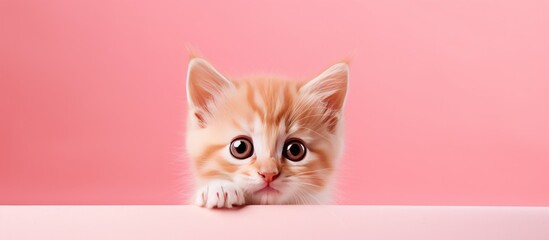 Poster - A playful and funny red kitten on a pink background offering a blank area for advertising purposes such as posters sales or veterinary clinics It provides ample copy space for adding text or images