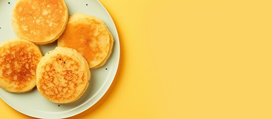 Poster - A top view of vegan gluten free tofu cheese pancakes on a yellow plate against a yellow background with ample copy space for a copy space image