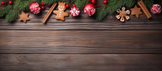Poster - On a wooden table adorned with fir branches and red ilex there are gingerbread on a stick deer green Christmas tree and red mitten cookies There is plenty of room for copy space on the image