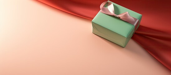 Wall Mural - A top down view of a red and beige gift box is displayed on a background that blends pink and green hues leaving empty space for additional content or text