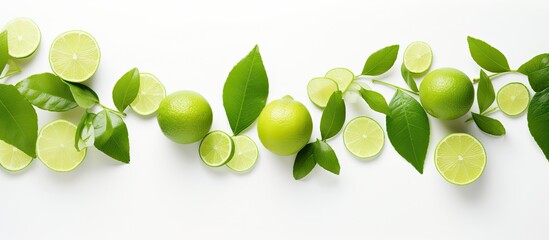 Wall Mural - A close up top view image of fresh green limes and leaves isolated on a white background It captures the concept of organic food with copy space available