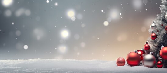 Poster - A festive Christmas background featuring a decorated tree adorned with silver and red baubles The bokeh effect adds a magical touch and there is copy space available