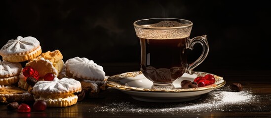 Poster - Enjoy a delightful cup of coffee accompanied by delicious cookies topped with jelly cream and powdered sugar Be sure to leave space for the perfect copy space image