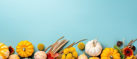 Poster - A symmetrical flat lay for Thanksgiving with fresh vegetables yellow flowers and pumpkins on a light blue background Offers copy space image