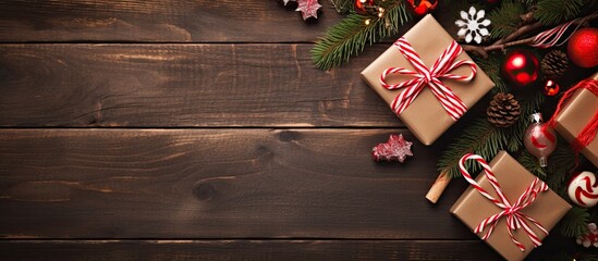 Poster - A top view flat lay image showcases a festive Christmas background adorned with a beautiful fir tree branch colorful gifts candy canes and a present box The scene is set against a rustic wooden backg