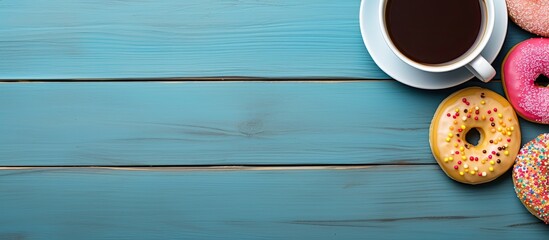 Wall Mural - Colorful sweet donuts and a paper cup of black coffee are beautifully arranged on a blue wood background providing an appealing copy space image