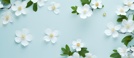 Aufkleber - A simple and artistic composition of white spring flowers and leaves representing the beauty of nature The image is taken from above with a flat lay perspective leaving space for additional content