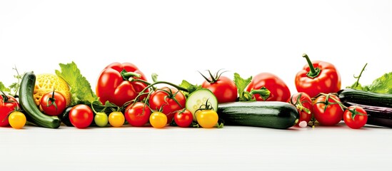 Wall Mural - Copy space image featuring fresh tomatoes and cucumbers of vibrant colors showcased on a pristine white background providing a perfect spot for accompanying text