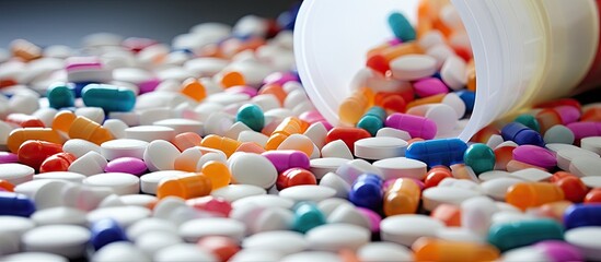 Aufkleber - A vibrant array of pills is strewn across a tabletop having spilled from a plastic bottle A stack of opened medication is displayed against a backdrop of textured white paper The image is captured in