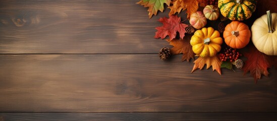 Aufkleber - A top view copy space image of a vintage style autumn still life featuring oak leaves pumpkins and a wooden board creating a cozy atmosphere for Thanksgiving day