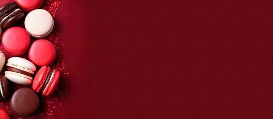 Aufkleber - A vibrant assortment of macarons on a red backdrop creating a sweet and visually pleasing image with space for text This top down view captures the essence of a festive occasion. Creative banner