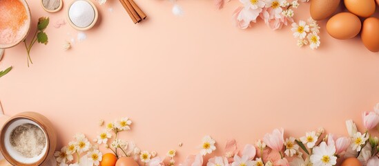 Poster - Top view of a pastel orange background with a bakery or cooking frame filled with flowers ingredients and kitchen items creating a spring cooking theme Perfect for copy space image
