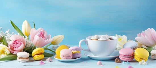 Poster - A composition of items including cups of tea cake slices flowers in a pink pot marshmallow heart shaped candle and yellow tulips on a white wooden table against a blue background. Creative banner