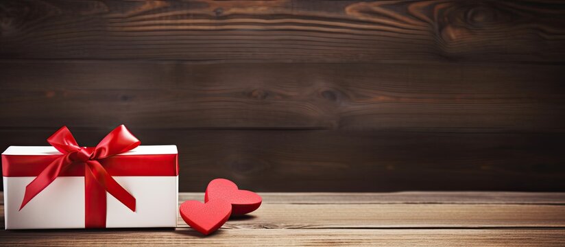 A Valentine s Day gift featuring a red ribbon hearts and placed on a wooden background Allows for text insertion providing a copy space image for women