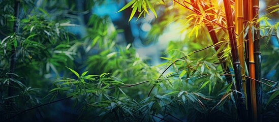 Poster - A vibrant image of bamboo showcasing its colorful leaves set against a lush forest backdrop with a spacious area for text placement and a majestic natural tree. Creative banner. Copyspace image