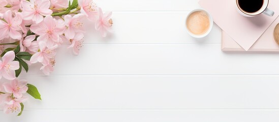 Fototapete - A feminine workspace with a homework desk adorned with pink flowers coffee and stationery A top view on a white background allows for copy space image placement
