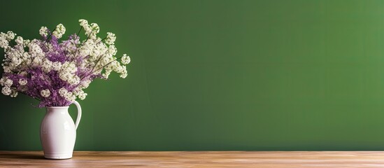 Poster - Home interior with a wooden table displaying a vase of dried gypsophila flowers among green baby s breath with a purple wall background providing a copy space image