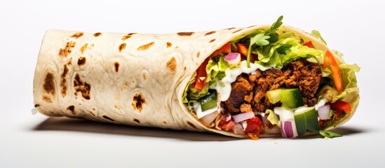 Aufkleber - The top view copy space image showcases a portion of a vegetarian burrito a natural product with a tortilla wrap stuffed full of fresh vegetables It is a menu concept for a takeaway serving size fast