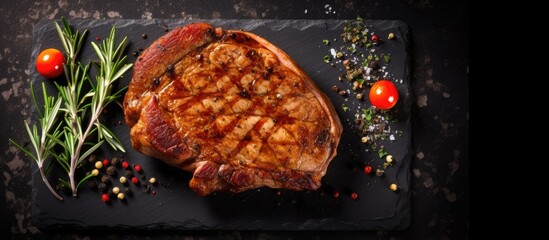 Canvas Print - A delectable pork steak seasoned to perfection sizzling on a sleek black stone plate Captured from above with ample space for text or graphics