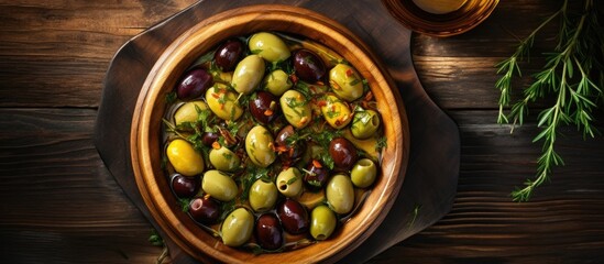 Aufkleber - A top down view of an appetizer featuring olives soaked in flavorful cold pressed olive oil The dish perfectly aligns with the keto or paleo diets adding a delightful touch to any menu concept The im