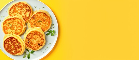 Poster - A top view of vegan gluten free tofu cheese pancakes on a yellow plate against a yellow background with ample copy space for a copy space image