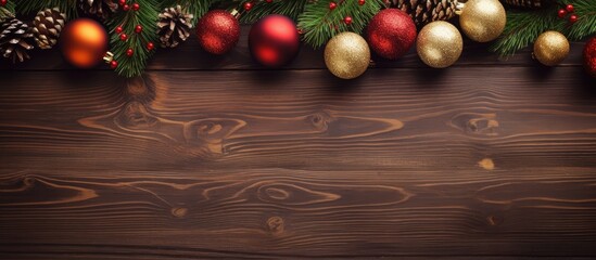 Leinwandbilder - A festive arrangement of Christmas balls fir tree and decorations on a wooden background captured from above with room for additional imagery