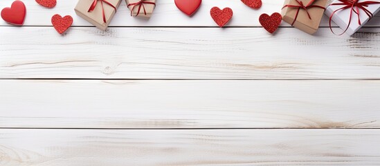 Poster - Top view of a gift box and hearts set against a backdrop of white painted wooden planks The image provides ample space for accompanying text